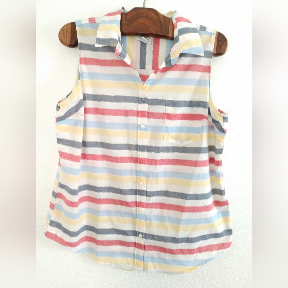 St. John's Bay Women's Sleeveless Shirt Colorful Striped Summer Cottage Large
